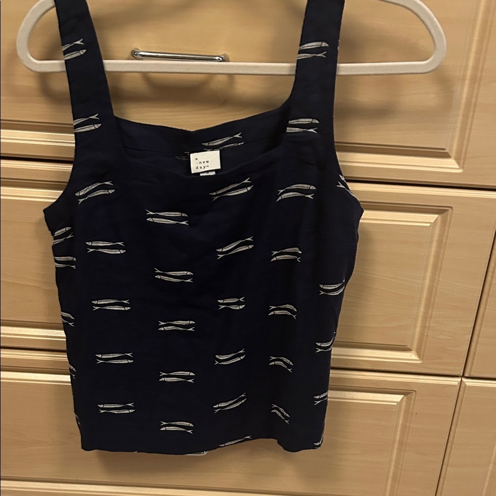 a new day Navy Tank Top with Cream Fish Print